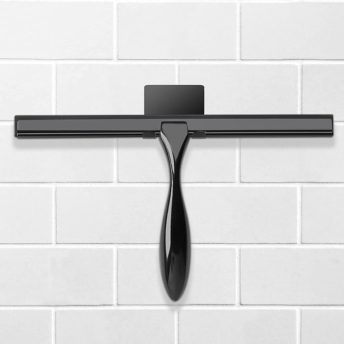 Simtive 10-Inch Shower Squeegee (Includes 1 Shower Door Hook and 1 Adhesive Hook), Shower Door Hooks (2-Pack), Both Black, 2 Item Bundle