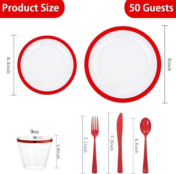 Liacere 350PCS Clear and Red Plastic Plates and Napkins for 50Guests Plastic Dinnerware Set-100 Red Disposable Plates 50 Pre Rolled Silverware Set,50 Cups for Party & Wedding & 4th of July