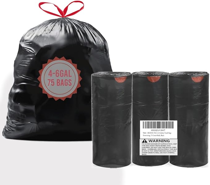 BEIDOU-PAC 4-6 Gallon Trash Bags Drawstring, 75 Count Bulk, Black & Unscented Multi-purpose Garbage Bags for Business Home Bathroom Kitchen Commercial and Industrial
