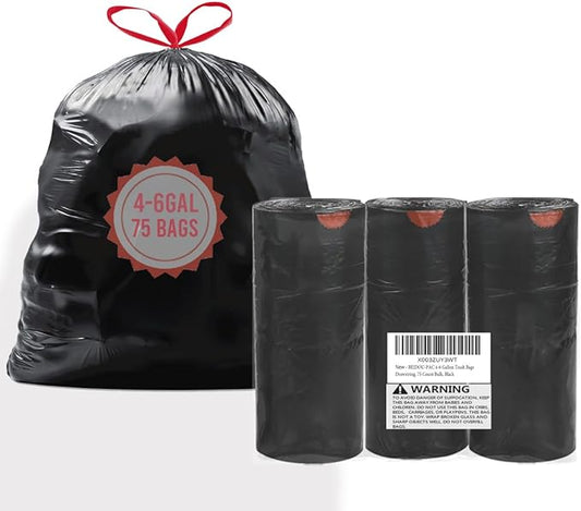 BEIDOU-PAC 4-6 Gallon Trash Bags Drawstring, 75 Count Bulk, Black & Unscented Multi-purpose Garbage Bags for Business Home Bathroom Kitchen Commercial and Industrial