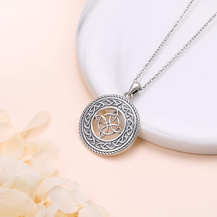 DAOCHONG 925 Sterling Silver Jewelry Oxidized Good Luck Irish Knot Celtic Medallion Round Pendant Necklace, 20 inch