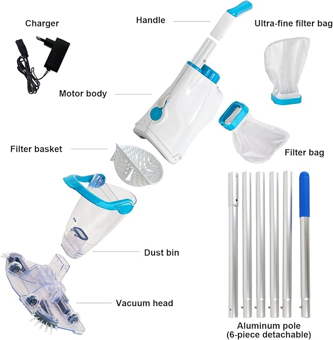 Handheld Pool Vacuum Cleaner, Rechargeable Pool Bottom Cleaner with Strong Suction, 1 H Runtime, 89 inchs Extension Pole,for Above Ground/Inground Pools, Spas and Hot Tubs, White