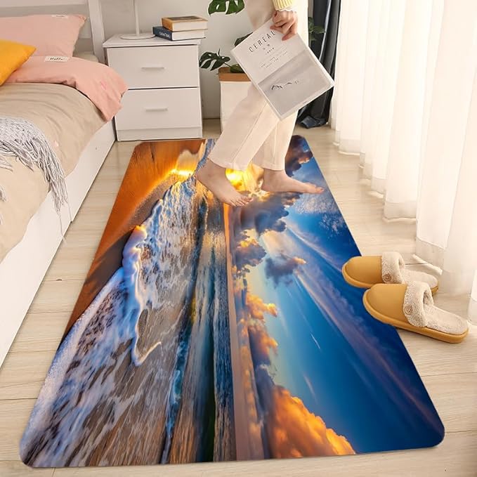 WODEJIA Non Slip Bath Rugs Sponge Foam for Bathroom,Flannel Mat Rug for Living Room, Absorbent Water Clearance MatS for Forlaundry Room and Kitchen, Sunset Beach Decor Welcome Mat 47x18 Inches