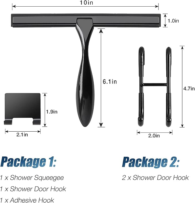 Simtive 10-Inch Shower Squeegee (Includes 1 Shower Door Hook and 1 Adhesive Hook), Shower Door Hooks (2-Pack), Both Black, 2 Item Bundle