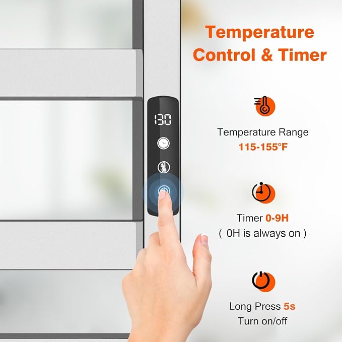 Towel Warmer, Towel Heater Rack for Bathroom, 8-bar Electric Towel Dryer Wall-Mounted Plug-in Bath Heater, 304 Stainless Steel Hot Towel Rack with Timer and Smart Temperature Control