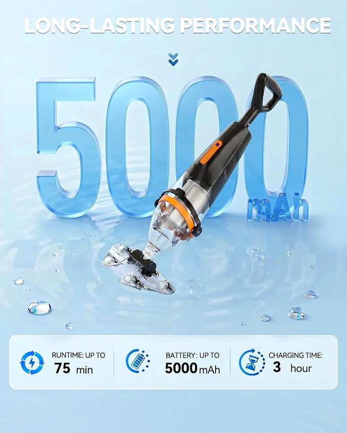 Wireless Remote Pool Vacuum, Cordless Pool Vacuum for Above Ground & Inground Pools, 18.5 GPM Powerful Suction, 75 Min Runtime, 69.3" Telescopic Pole for Spa & Hot Tub