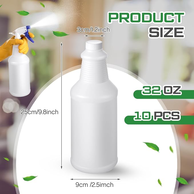 Honeydak 10 Pcs Chemical Resistant 32 oz Bottles, Commercial-grade Quality Reusable Plastic Bottle, Hdpe Plastic, Suitable for Home, Garden, Work (Nozzles Not Include)