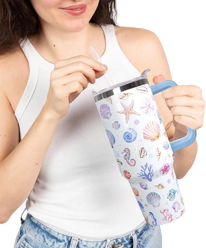 Ceovfoi 40 Oz Rainbow Seashells Tumbler with Handle Lid and Straw,Watercolor Ocean Cup,Water Bottle,Travel Coffee Mug,Hawaiian Rainbow Seashells Decor,Accessorie