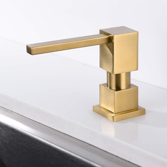 Soap Dispenser Brushed Gold Built in Sink Square Lotion Dispenser for Kitchen Sink, Brass Pump Head, with 17 Oz Bottle