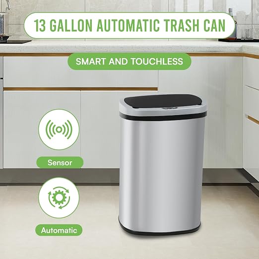 24/7 Shop at Home Freeway 13 Gallon Metal Household Trash Can Motion Sensor Lid for Kitchen, Silver