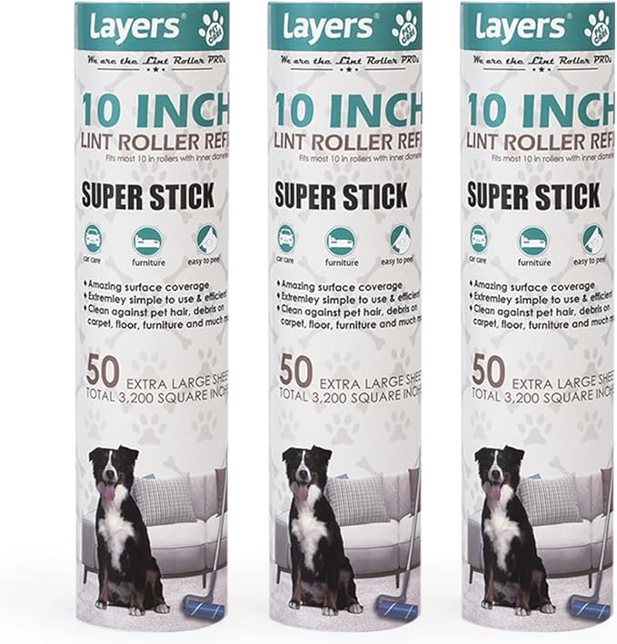 Layers Large Lint Roller Refill, Suitable for Most Large Rollers，mega Rollers, 10 in Wide Roller in The Market - 3 Packs