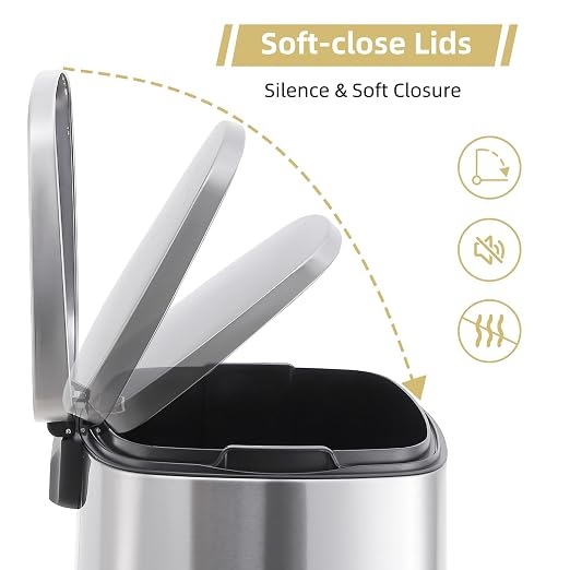 Fashionwu 50L/13 Gallon Stainless Steel Rectangular Trash Can with Foot Pedal, Soft Close Lid