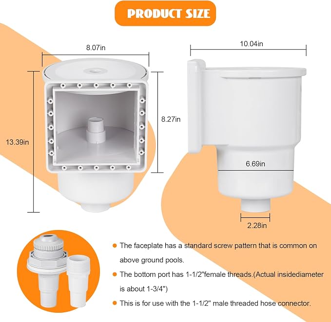 Above Ground Pool Skimmer Kit,Thru-Wall Skimmer with Accessories,Heavy Duty WallMount Pool Skimmer for Standard Pool Wall Openings,for Filter Leaves, Hair ect.(White)