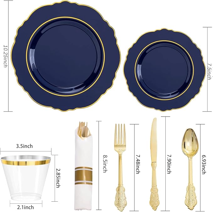 Liacere 350PCS Navy Blue Plastic Plates-Disposable Blue Gold Plates 50guest Plastic Dinnerware include 100Plates,50Pack Pre Rolled Napkins with Silverware 50Cups for Graduation & Independence Day