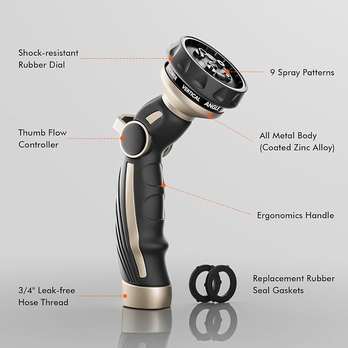 RESTMO Hose Nozzle with Easy Self-Lock Trigger, Heavy Duty Metal Water Hose Sprayer with 9 Spray Patterns and On/Off Valve, High Pressure | Thumb Flow Control, Ideal for Outdoor Lawn & Plant Watering,