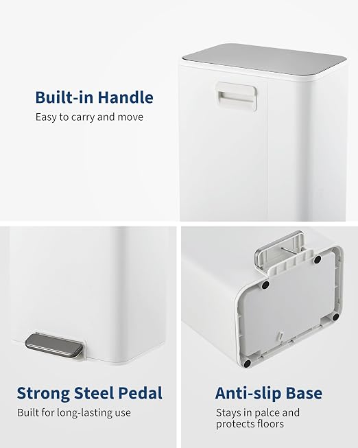 GarveeHome 4.8 Gallon Trash Can, Rectangular Stainless Steel Waste Bin with Quiet Foot Pedal, Soft-Close Lid & Removable Bucket, White Garbage Can for Office, Small Kitchen, Home
