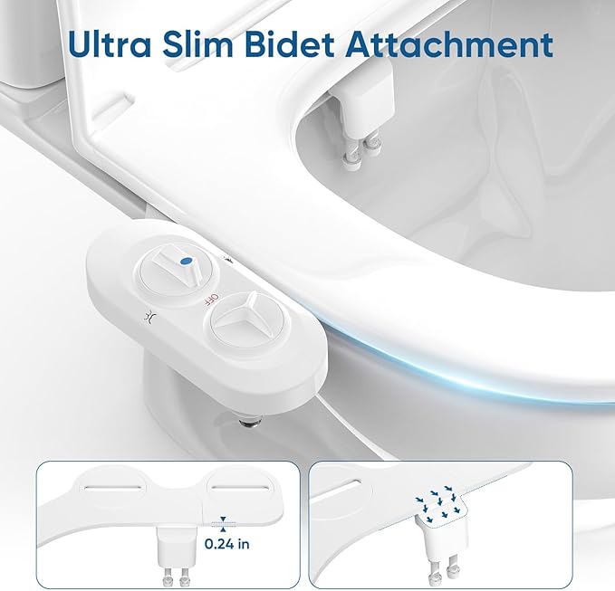 Bidet Attachment for Toilet Seat with Efficient Filter Element, Ultra-Slim Non-Electric Bidet, Posterior&Feminine Wash-(Retractable Dual Nozzles)，Adjustable Fresh Cold Water Pressure (White)