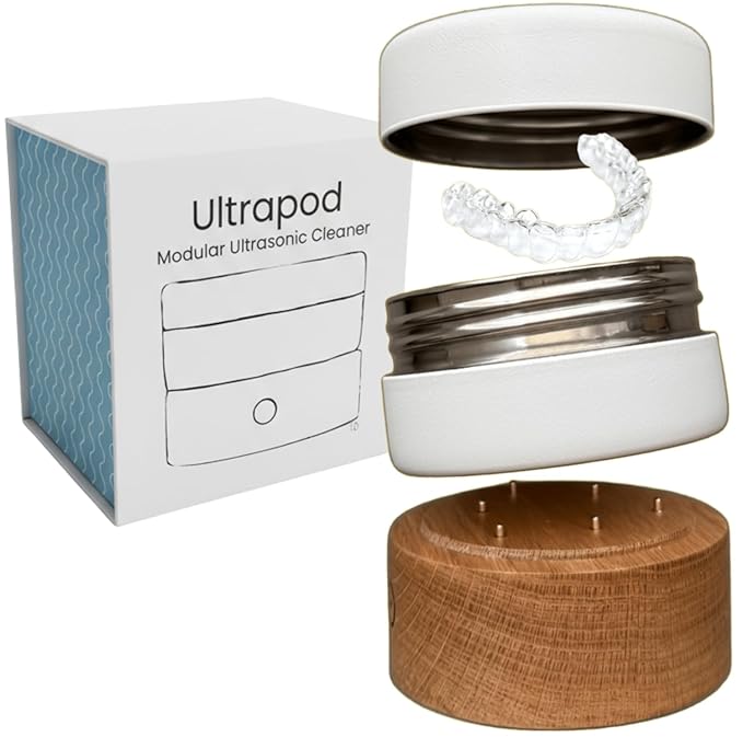 Ultrapod Plastic-Free Ultrasonic Retainer Cleaner - 56kHz Premium Dental Pod for Aligners - Sustainable Stainless Steel & Wood Design - For Invisalign, Mouthguards, Night Guards & Jewelry