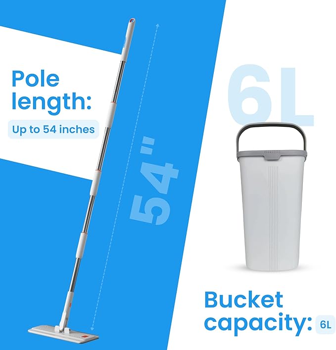 WonderMop and Bucket Set - 6L Bucket Capacity, 54-Inch Pole - Flat Mop and Bucket System - Microfiber Mop & Bucket Floor Cleaning System - Separate Dirty and Clean Water Compartments