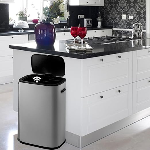 14.5 Gal/55L Motion Sensor Trash Can, Touchless Automatic Garbage Bin with Soft-Close Lid & Handle, Rectangular Waste Basket for Kitchen, Bathroom, Bedroom, Grey (No Inner Bucket)