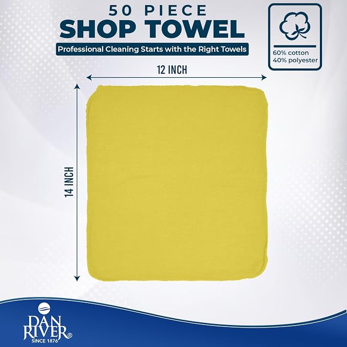 DAN RIVER Shop Towels, 50 Pack Commercial Use Yellow Terry Cloth Rags for Cleaning Cars & Household Surfaces – Well Absorbent, Reusable Cleaning Rags & Wash Clothes – Washable Towels