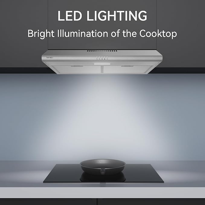 Hermitlux Under Cabinet Range Hood, 30 inch Vent Hood With 3 Speed Exhaust Fan, Ducted And Ductless Convertible, LED Bright Light Bulbs and Charcoal Filter, Stainless Steel Filter, Stainless Steel