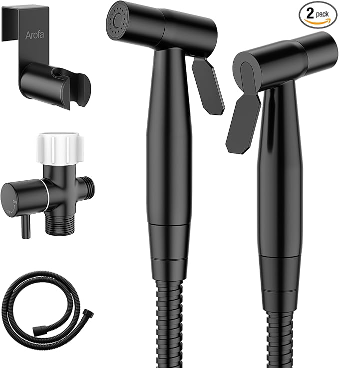 Arofa Handheld Toilet Bidet Sprayer for Toilet-Adjustable Water Pressure Control with Bidet Hose for Feminine Wash, Stainless Steel Brushed Nickel Bidet Faucet Cloth Diaper for Baby Wash, Black,2 Pack