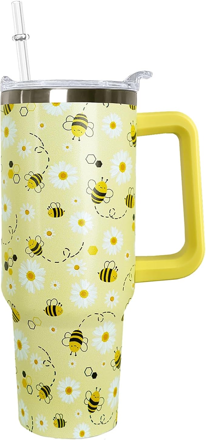 Ceovfoi 40oz Bee tumbler With Handle Lid and Straw,Coffee Mug Cup Skinny Tumbler Water Bottles,Honey themed Gifts for Women Daisy Flowers,Bee Decor