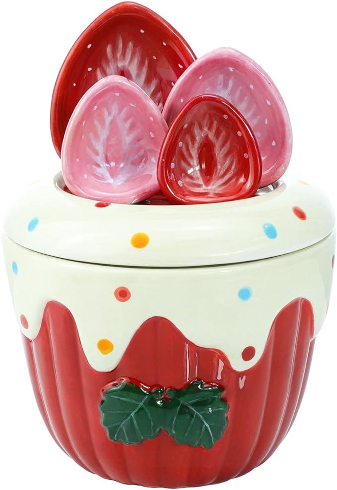 Sizikato 4pcs Porcelain Measuring Spoons with Base, Strawberry Cream Cake Shape