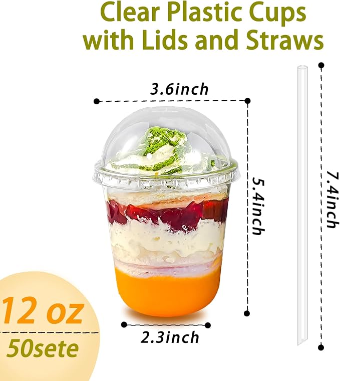 Qsqwsuye 50 Set 12 oz Disposable Clear Plastic Cups with Dome Lids and Straws, Durable Plastic Party Cups for Iced Coffee, Milk Tea, Assorted Beverages, Perfect for Parties, Wedding, Festival Events