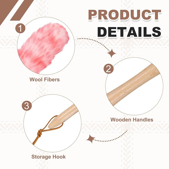 uxcell Wool Duster, 24.4" Natural Feather Cleaner Household Cleaning Duster with Solid Wooden Handle for Cleaning Fans Window Blinds Shelves Furniture, White Pink