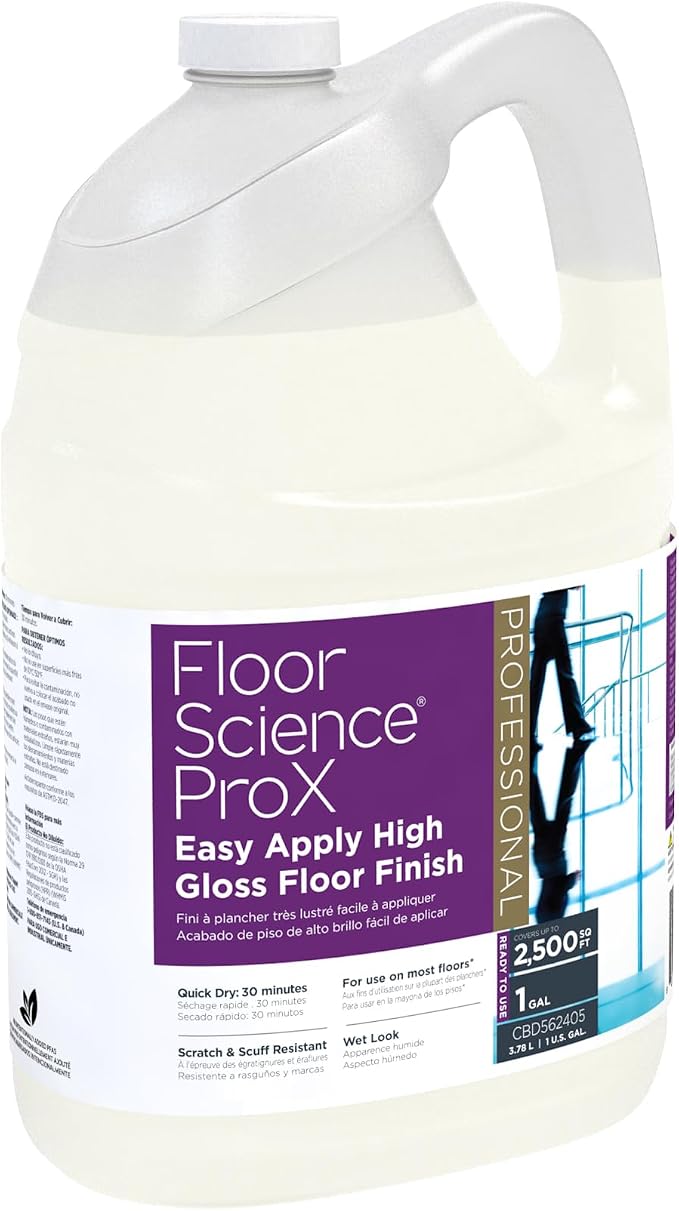 Diversey Floor Science ProX Easy Apply High Gloss Floor Finish, 1 gal | Built-in Sealer, No Buff Shine, Scuff Resistance, Black Heel Mark Removal, 20% solids