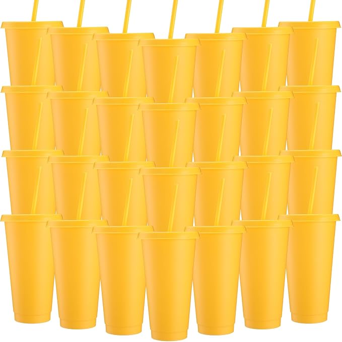 Honeydak 30 Pack Tumbler with Straw and Lid Bulk Cups for Gifts Water Bottle Iced Coffee Travel Mug Cup Reusable Plastic Tumblers for Party Birthdays 24-27 oz (Yellow Color)