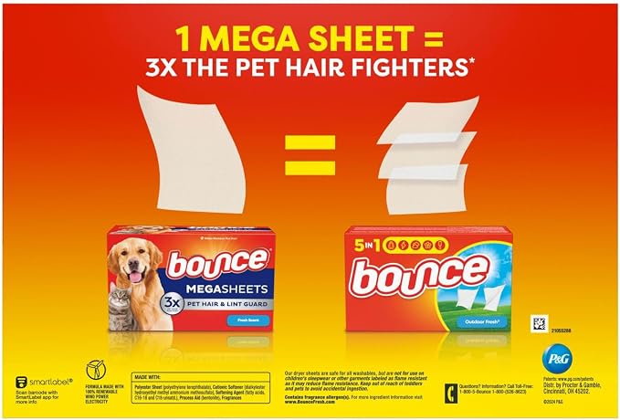 Pet Hair Bundle: Tide PODS Laundry Detergent Soap Pods, Spring Meadow Scent, 112 count + Bounce Pet Hair and Lint Guard Mega Fabric Softener Dryer Sheet, Fresh Scent, 180 Count
