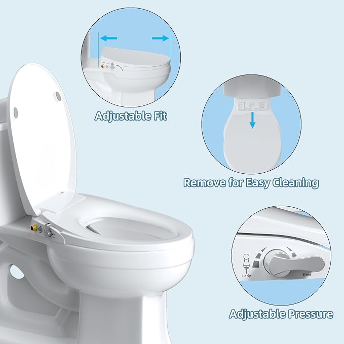 Hibbent Round Bidet Toilet Seat with Slow Close, Non-Electric Bidet Attachment for Toilet Seat with Dual Nozzle, Bidet Sprayer with Adjustable Self-Cleaning Nozzles, Brass T Adapter