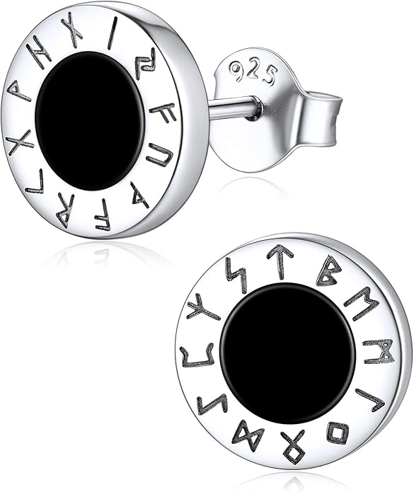 ChicSilver 925 Sterling Silver Viking Rune Natural Black Onyx Stud Earrings For Women Men