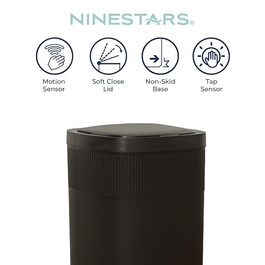 Ninestars 13.2 Gallon Automatic Trash Can, 50L + 12L Touchless Motion Sensor Garbage Can Set of 2 with Soft Close Lid, Liner Ring, Fingerprint Resistant Stainless Steel Kitchen and Bathroom, Black