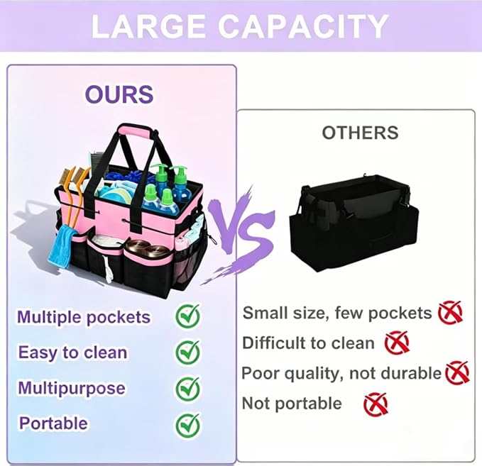 Wearable Cleaning Caddy Organizer with Handle & Adjustable Shoulder Strap 4 Foldable Compartments, Cleaning Supplies Caddy for Housekeepers, Car, Home, Hotel & Outdoor Cleaning Bag（Pink）