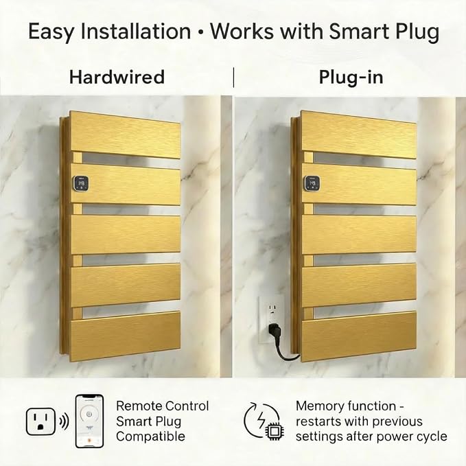 L Series Electric Towel Warmer for Bathroom, 5 Panel, Gold | Thermo Control and Timer, Fast Heat in 3 Mins, Dry Towels in 4 hrs, Memory Function, Work with Smart Plug, Left-Wiring