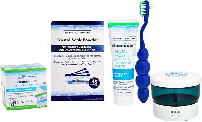 Dr. Dental Solutions - Complete Denture Care Kit - Denture, Retainer & Aligner Care and Cleaning Bundle with Ultrasonic Cleaner & Powdered Crystal Soak