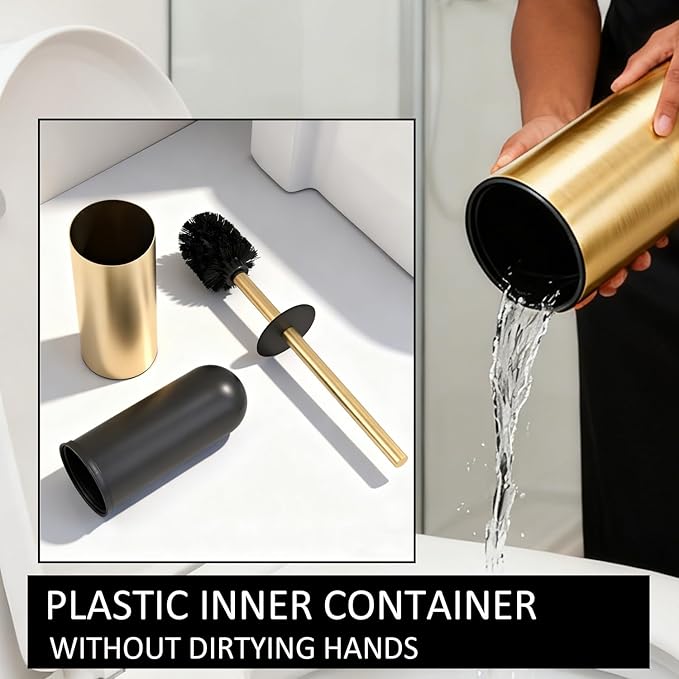 Toilet Brush and Holder Set, NEWRAIN 304 Stainless Steel Toilet Brush with Long Brush Handle, Brushed Gold Toilet Scrubber and Covered Holder, Round Design Sturdy and Space Saving, Covered Brush
