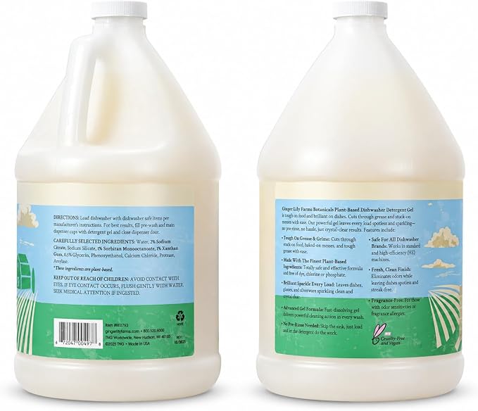 Ginger Lily Farms Plant-Based Dishwasher Detergent Gel, Fragrance-Free, 1 Gallon (128 Fl Oz) Refill, Eco-Friendly, 100% Vegan & Cruelty-Free