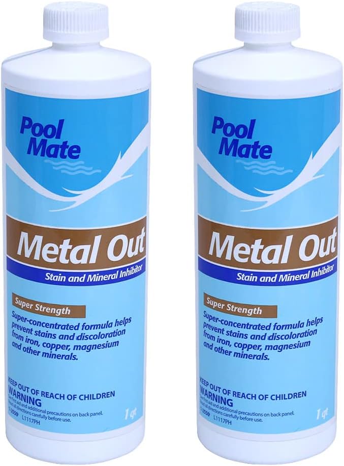 Pool Mate 1-Quart 2-Pack Concentrated Metal Out Stain and Mineral Inhibitor, Pool Metal Remover, Stain Remover, Made in USA