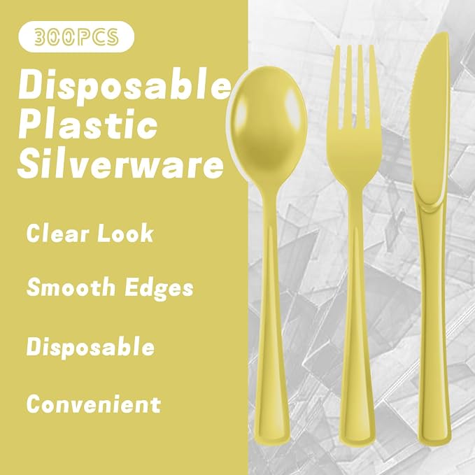 Plastic Silverware 300 PCS Disposable Silverware Heavy Duty Utensil Sets 100 Of Each Forks Knives & Spoons Disposable Cutlery Set For Easter,Birthday,Baby Shower,Garden Party,Wedding(300,Light Yellow)