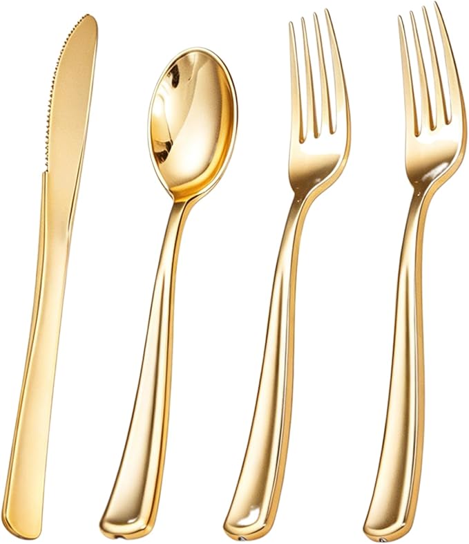 Liacere 200Pcs Gold Plastic Silverware-Gold Plastic Cutlery - Disposable Silverware include 100 Forks 50 Spoons 50 Knives Perfect for Parties & Weddings & Restaurants &Events