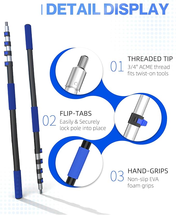 26FT Reach Telescopic Extension Pole, 5-19FT Multi-Purpose Extension Pole with Universal Twist-on Metal Tip, Sturdy Aluminum Paint Roller Extension Pole for Squeegee, Paint Roller, Duster