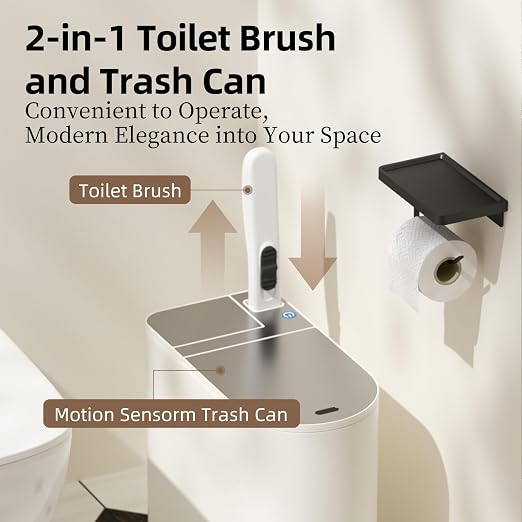 Bathroom Trash Can with Lid - Motion Sensor Smart Garbage Bin with Toilet Brush, 2 Gallon / 7L Small Automatic Trash Can, Odor-Control for Bathroom (White)