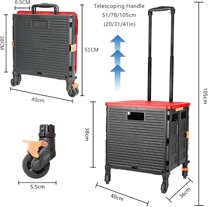 FELICON SELORSS Foldable Utility Cart Folding Portable Rolling Crate Handcart with Heavy Duty Telescoping Handle Collapsible 4 Rotate Wheels for Travel Shopping Move Luggage Office Use(Black+Red)
