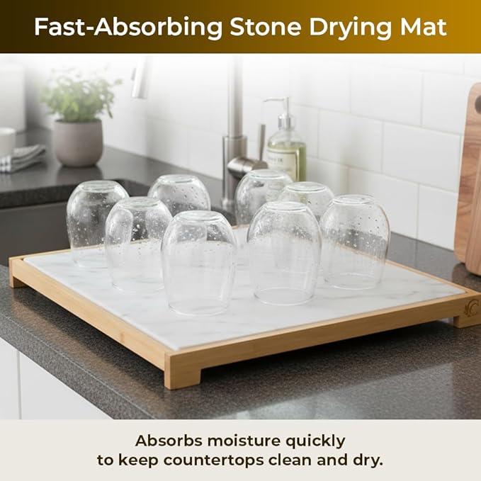 Premium Dish Drying Stone for Kitchen Counter 20” x 14” | Fast Absorbing Stone Drying Mat with Bamboo Dish Rack | Dish Drying Mat Plus Bamboo Set