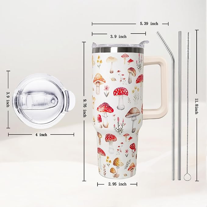 Ceovfoi 40 Oz Mushroom Stainless Steel Coffee Travel Mug Cup Water Bottle Tumbler with Handle Lid and Straw,Mushroom Decor,Mushroom Gifts for Women